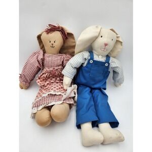 VTG Handmade Bunny Couple Stuffed Toy Dolls Floppy Ears Boy Girl